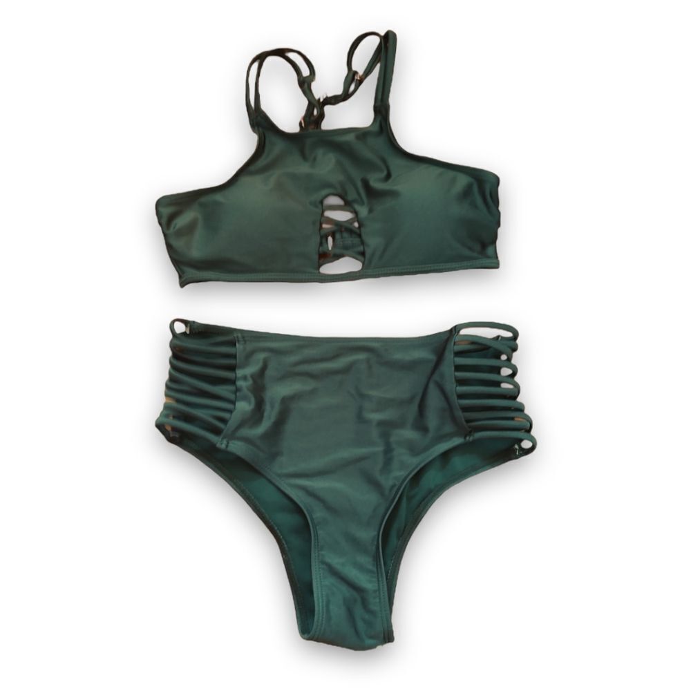 Tinibikini Green High Neck High Waist Strappy Bikini Set US XS